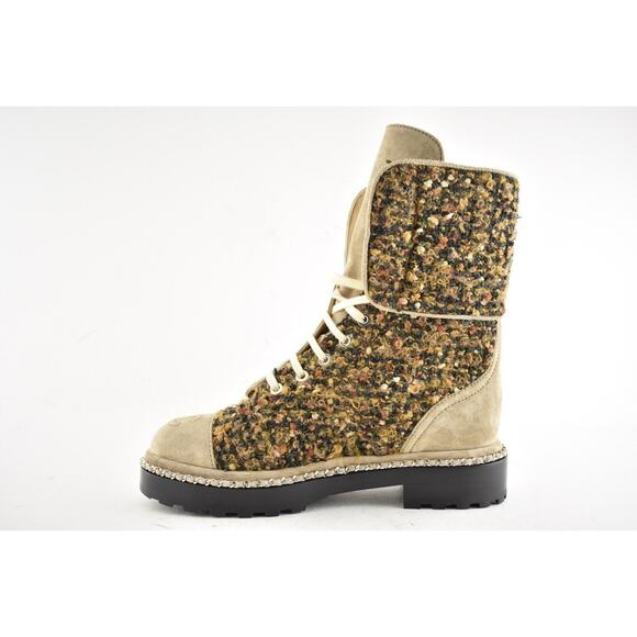Chanel 18K Citizen Brown Beige Green Tweed CC Chain Pearl Combat Tall Boots 34.5 - Picture 9 of 12